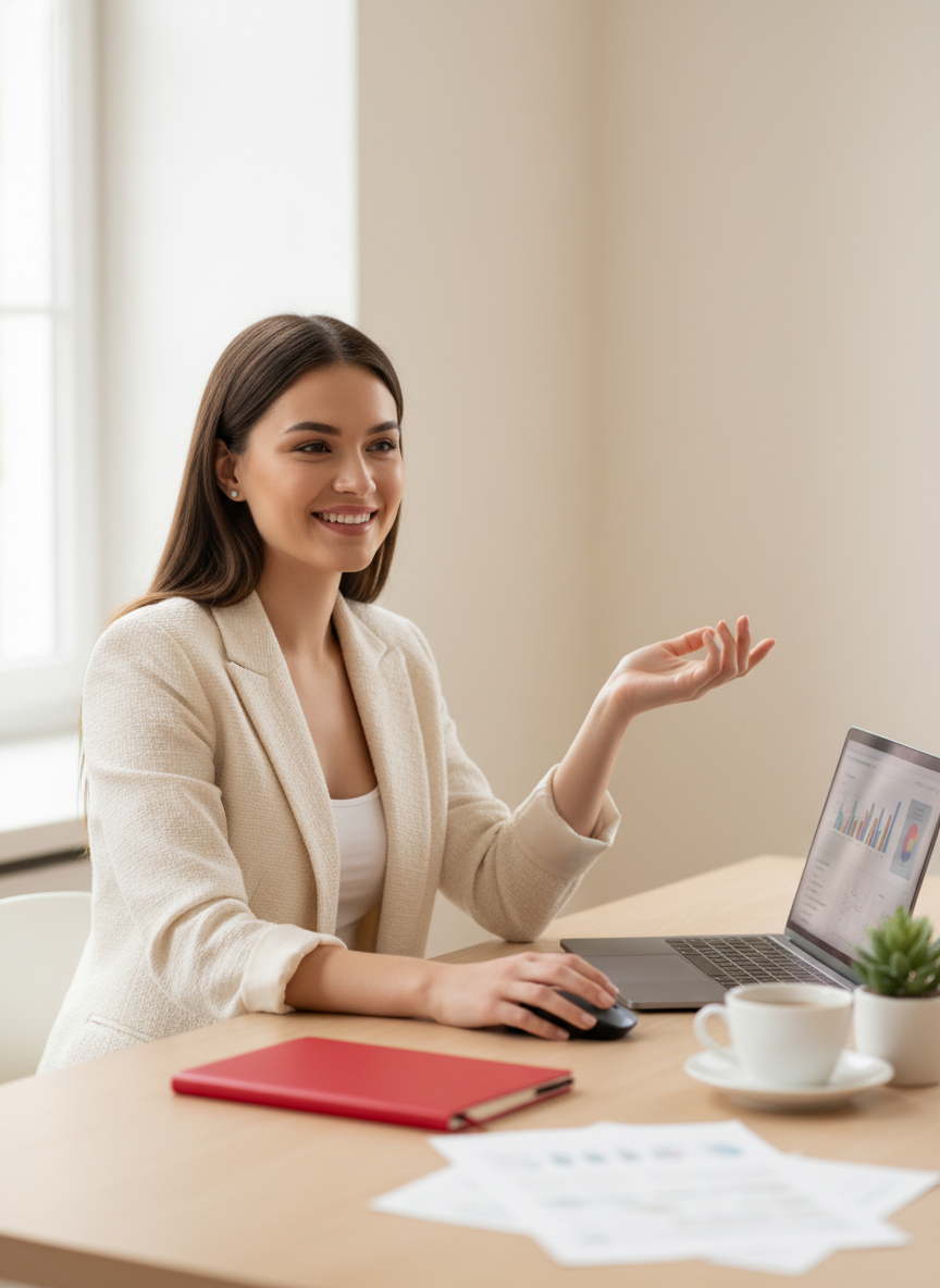 Meeka, a confident young digital marketer, working at a bright modern desk with a cherry-red accent object in warm natural light