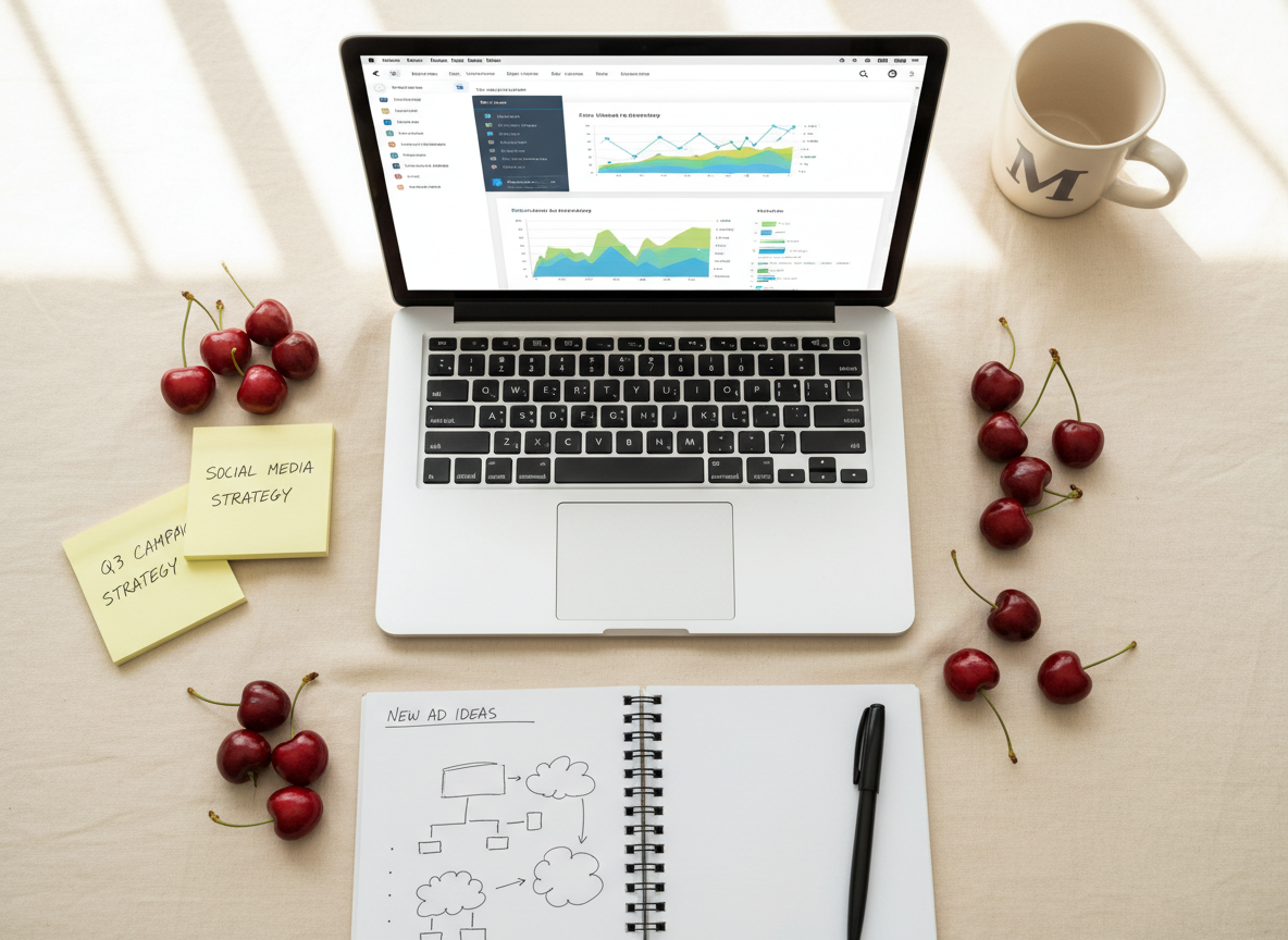 Overhead flat-lay of a creative digital marketing workspace with laptop analytics, sticky notes, sketched campaign ideas, and fresh cherries as a subtle identity accent